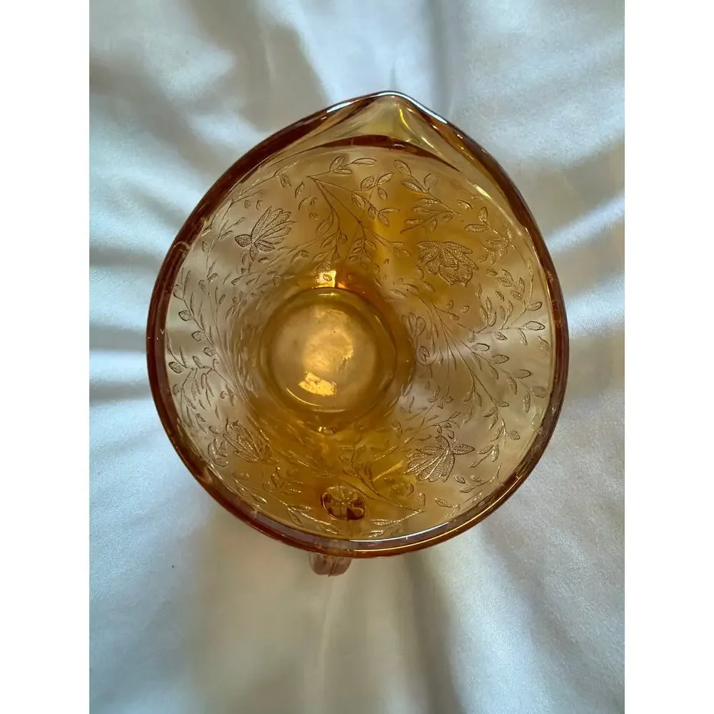 Vintage Pink Depression Carnival Glass Creamer Etched Floral Milk Multitonal